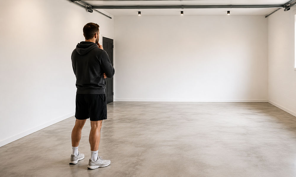 Man looking at empty space for home gym