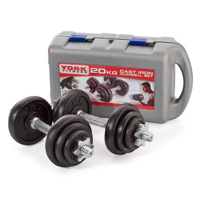 York Fitness 20kg Black Cast Iron Dumbbell Set + Case